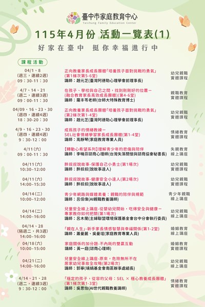 臺中市家庭教育中心4月活動一覽表